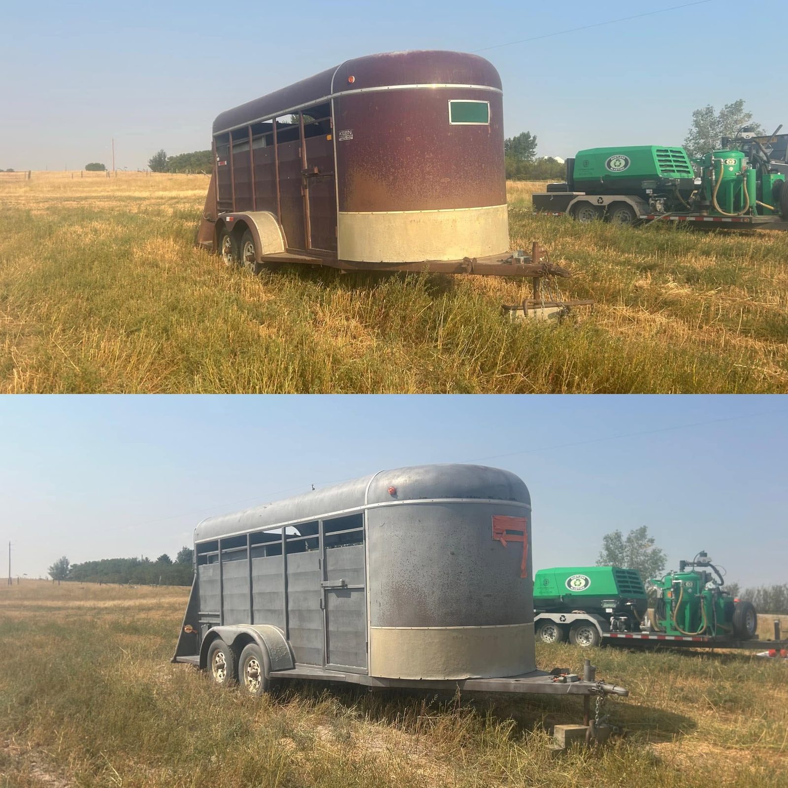 Livestock trailer being blasted back to bare steel