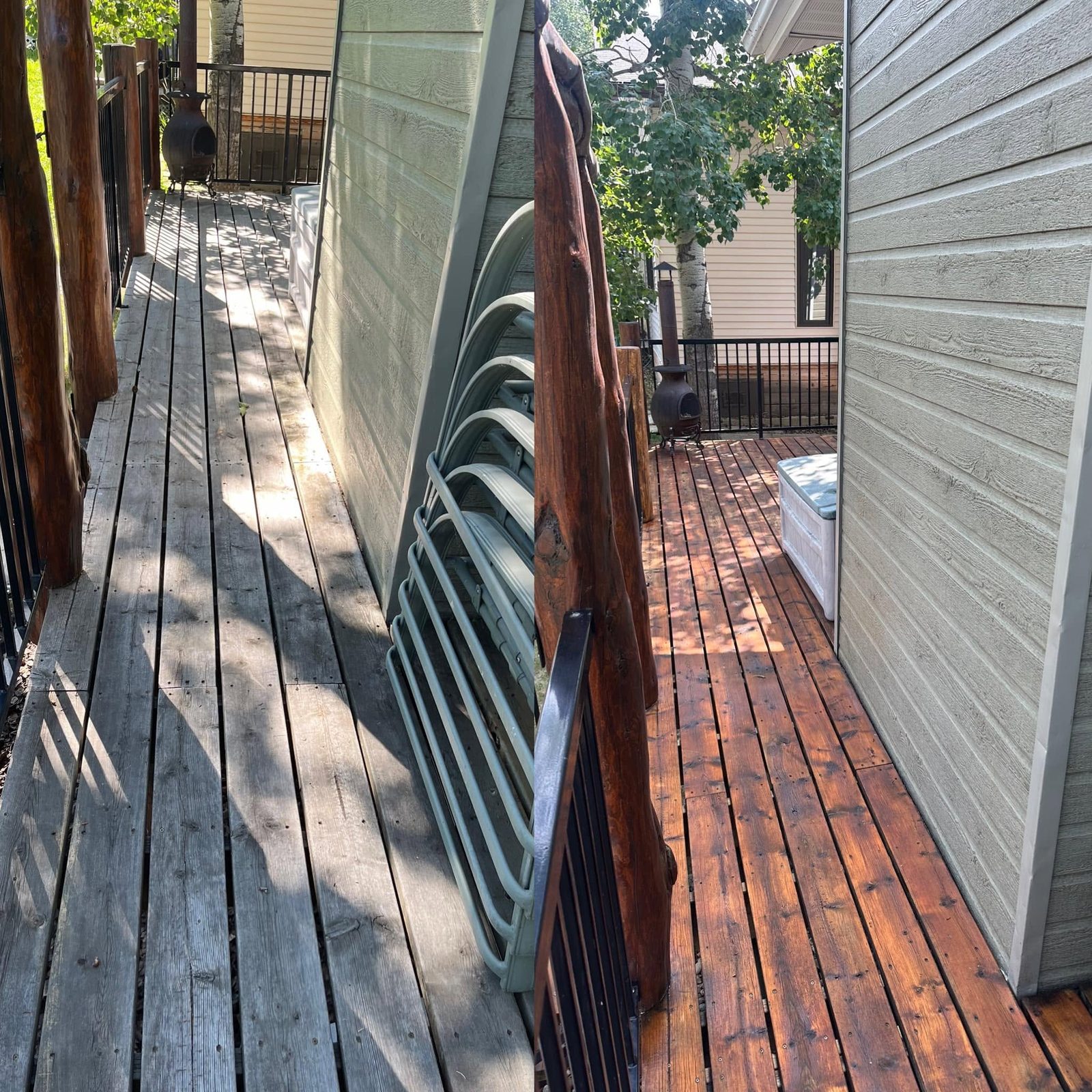 Deck boards stripped back to bare wood on a Medicine Hat home