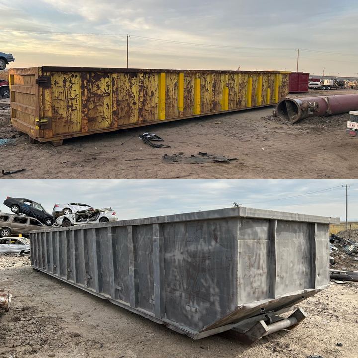 Roll-off waste bin stripped to sound steel