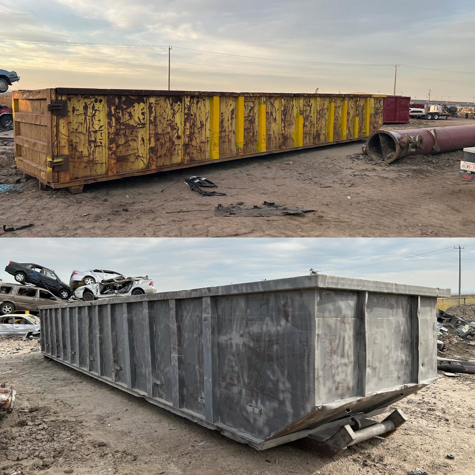 Roll-off waste bin stripped to sound steel