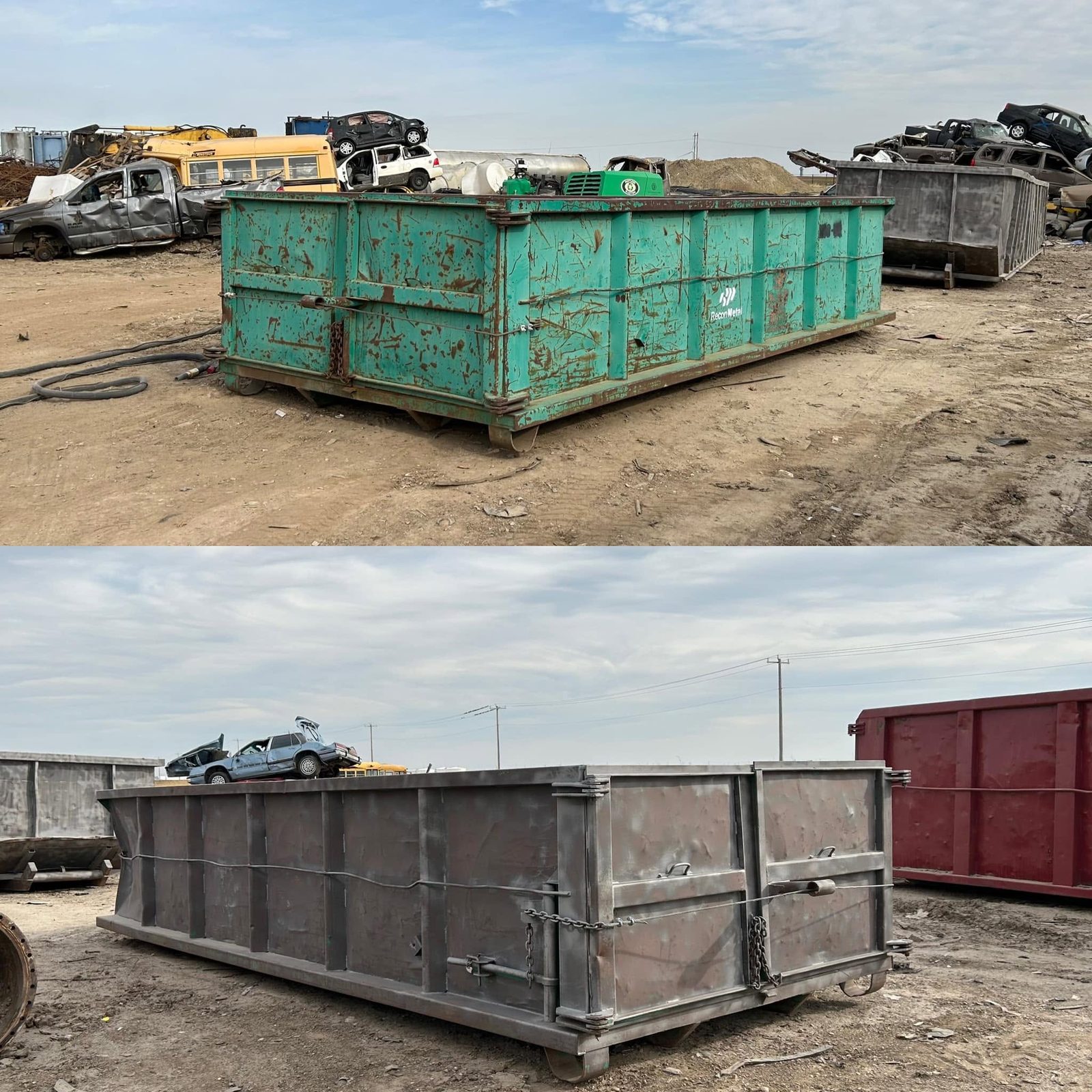 Roll-off waste bin before and after abrasive blasting