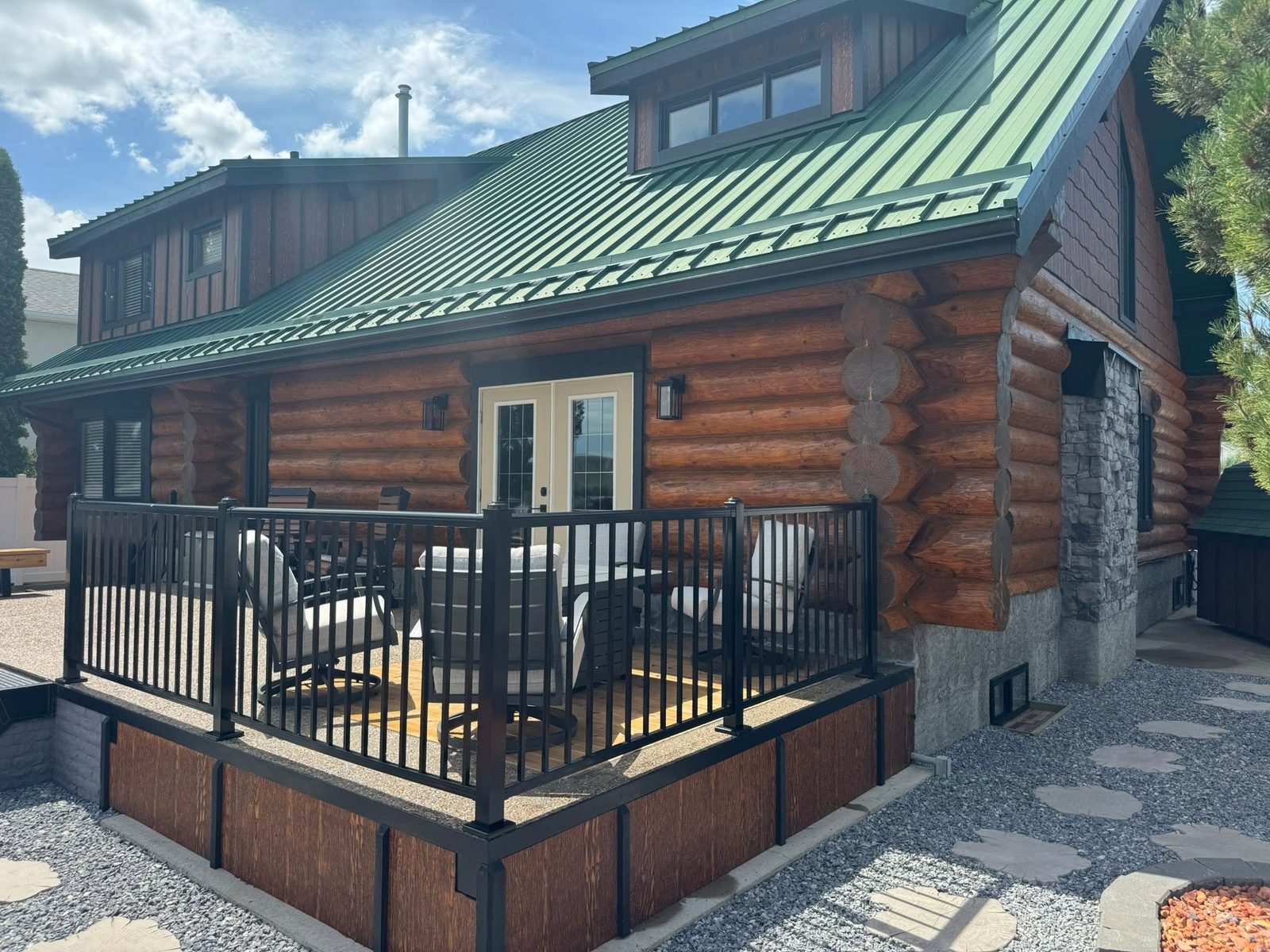 Log home exterior during restoration